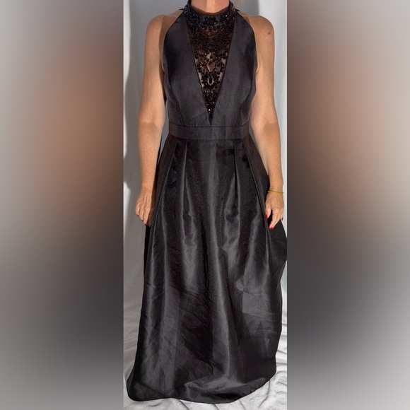 Adrianna Papell Beaded Halter Black Gown 8 - Picture 2 of 10